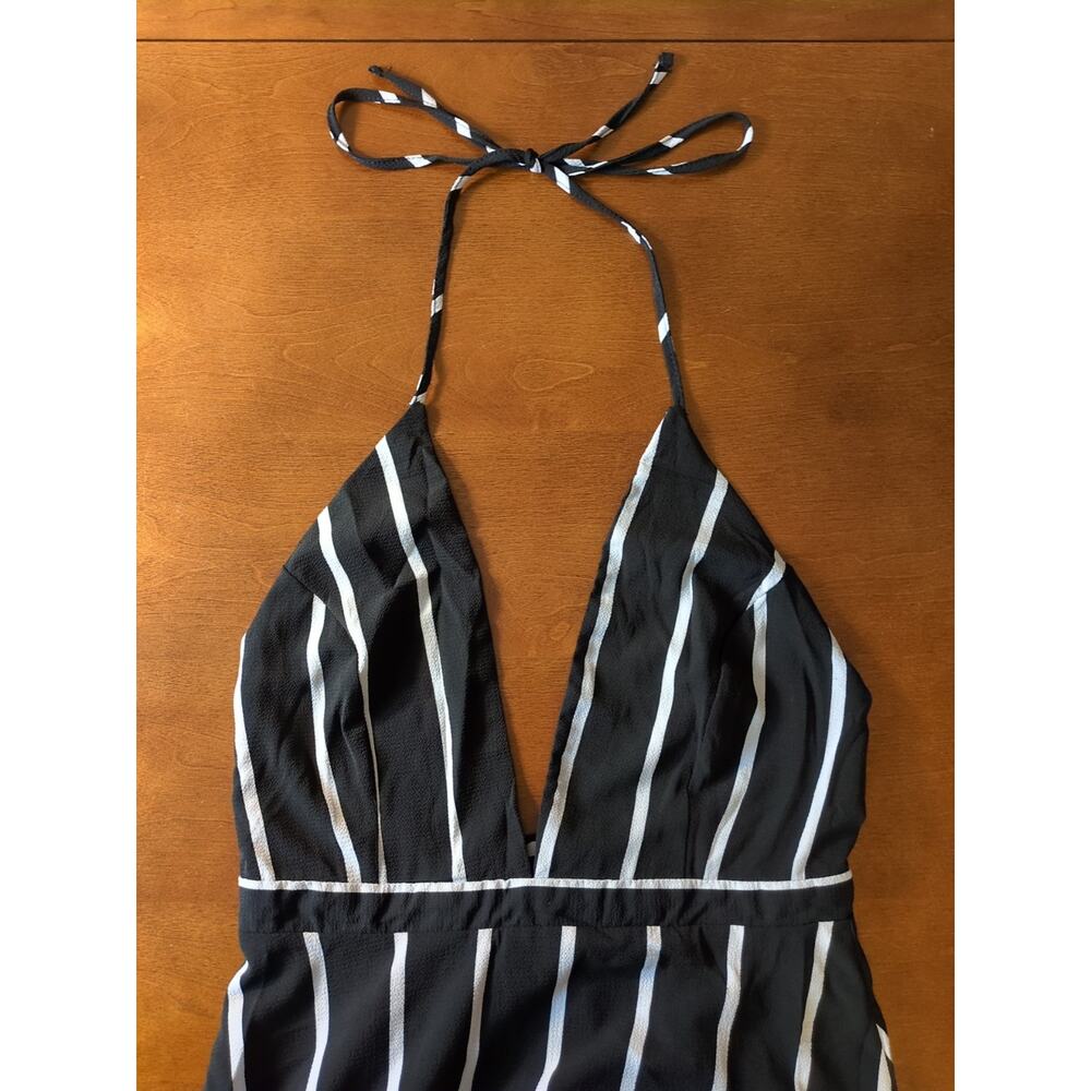 Romeo and Juliet Maxi Dress Medium Halter Open Back Black White Stripe Lined